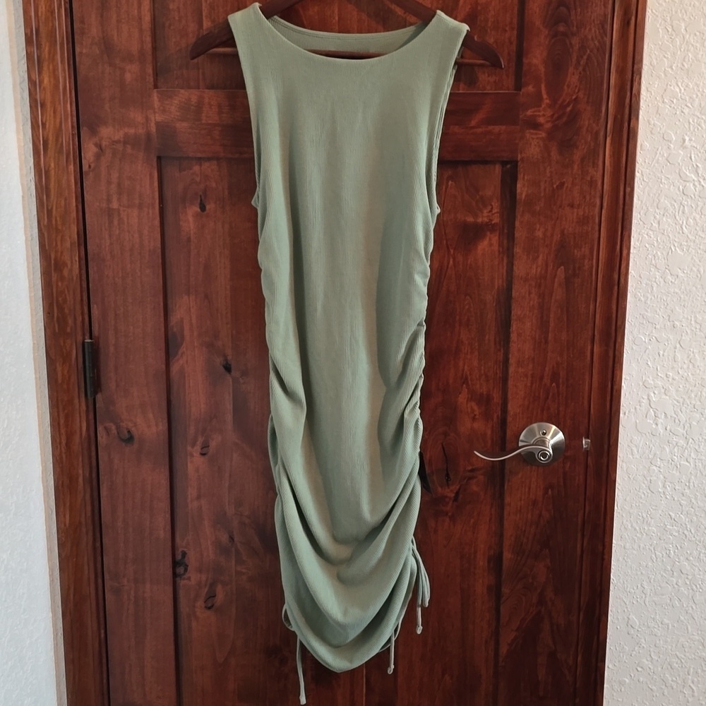 Lulu's Sage Green Ribbed Drawstring Ruched Bodycon Dress NWT - Picture 6 of 10